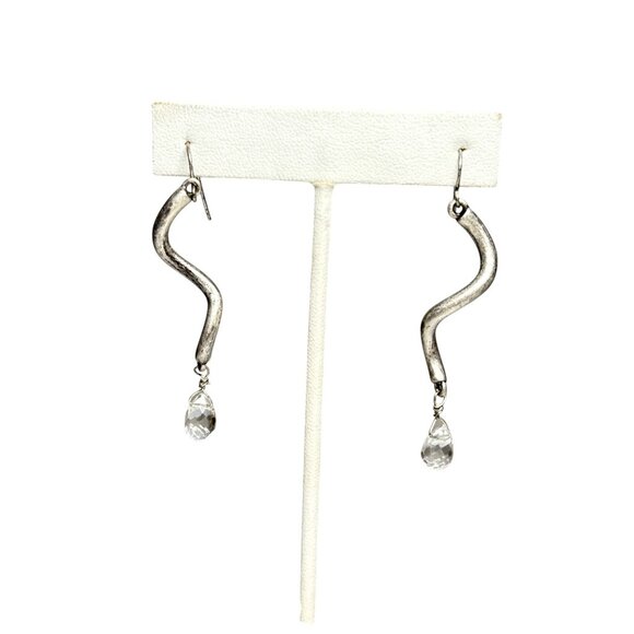 Silver Tone Curved Dangle Earrings with Clear Quartz Teardrop Crystal - Picture 4 of 5